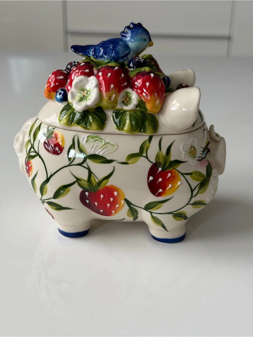 Blue Sky Heather J. McCall 2004 Hand-Painted Strawberry Pig Sugar Bowl Jam Pot
